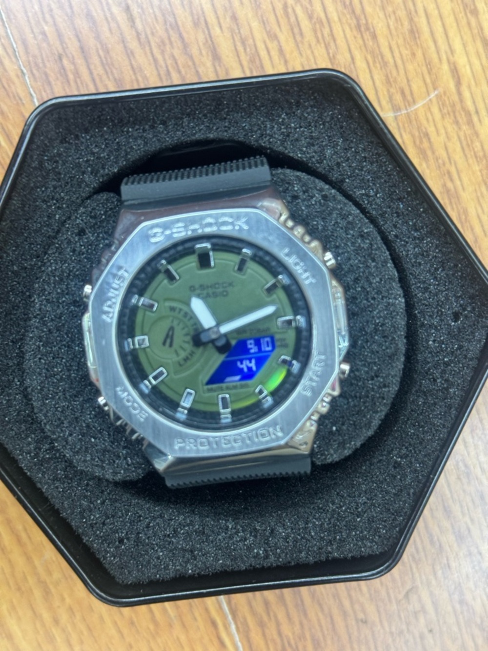 G-Shock Stainless Silver Bezel with Olive Green Dial and Black Strap